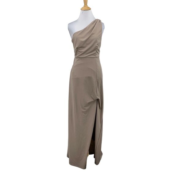 Birdy Grey Dress Womens S Small Taupe One Shoulder Slit Front Stretch Lined Maxi - Picture 1 of 16